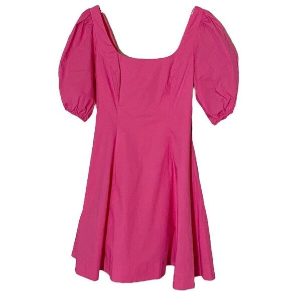 Staud Laelia Peony Pink Poplin Puff Sleeve Fit & Flare Mini Dress NWT Size 2 - Picture 3 of 8